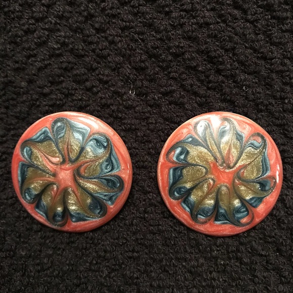 Vintage 80's Button Enamel Earrings Retro - Picture 3 of 8